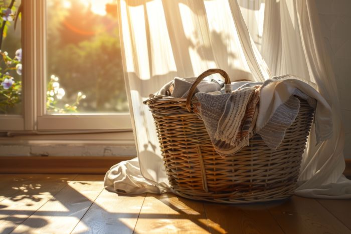 Wicker Basket Filled With Neatly Folded Fabrics Is Bathed Soft Warm Sunlight Streaming Through Window Creating Serene Inviting Atmosphere Cozy Room