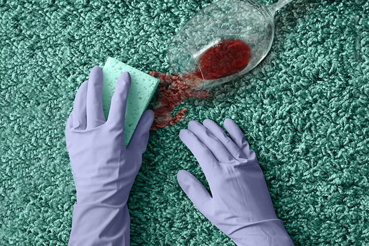 Hände in Handschuhen reinigen Weinfleck auf Teppich mit Schwamm, reinigungskraft.