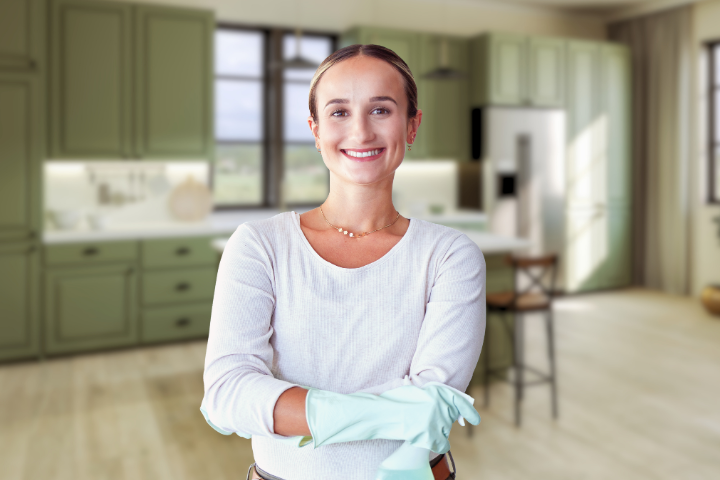 Frau mit Gummihandschuhen lächelt in moderner Küche, bereit zum Putzen.