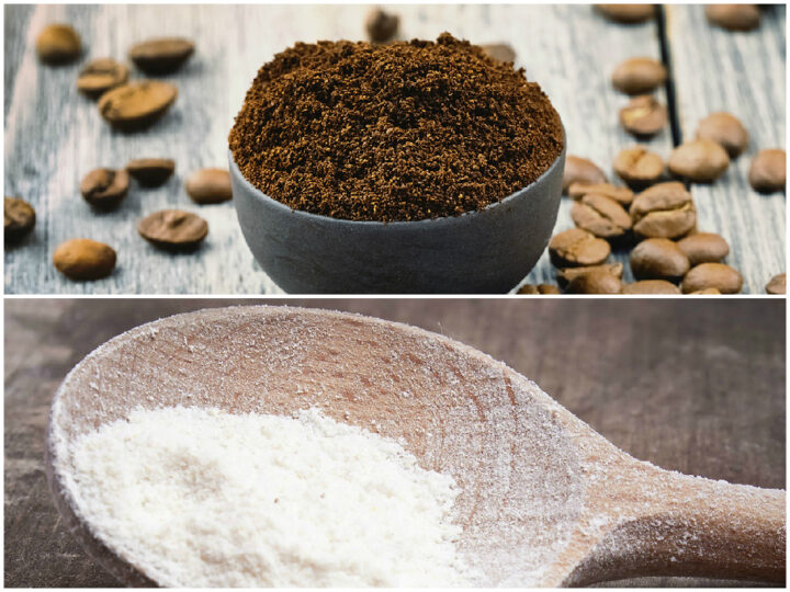 Kaffeepulver in Schale, Kaffeebohnen, Holzlöffel mit Mehl. Perfekt für eine Putzfrau.