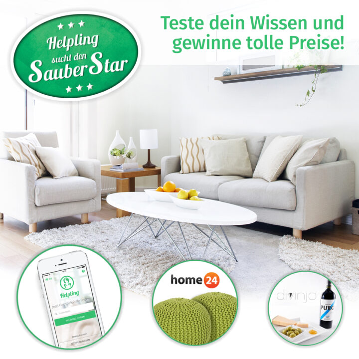 Wohnzimmer mit Sofa, Couchtisch, Teppich; Helpling-Logo, Text über Gewinnspiel, Reinigung.