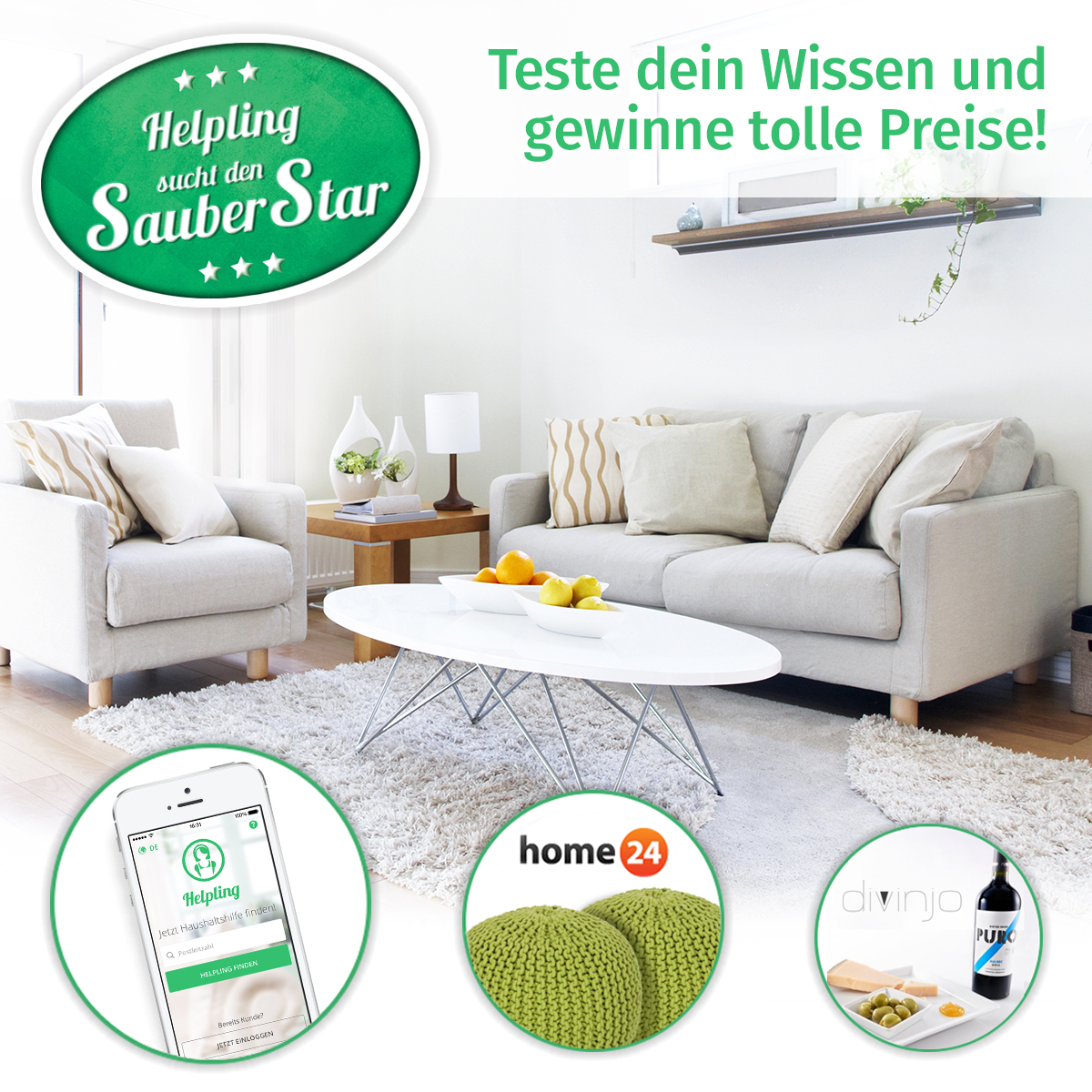 Wohnzimmer mit Sofa, Couchtisch, Teppich; Helpling-Logo, Text über Gewinnspiel, Reinigung.
