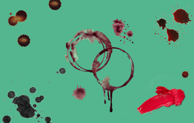 Farbkleckse und Kaffeeflecken auf grünem Hintergrund, ideal für Reinigungskraft-Themen.