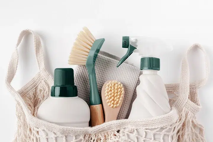 Reinigungsutensilien In Tasche: Bürsten, Sprühflasche, Flasche, Ideal Für Putzfrau.