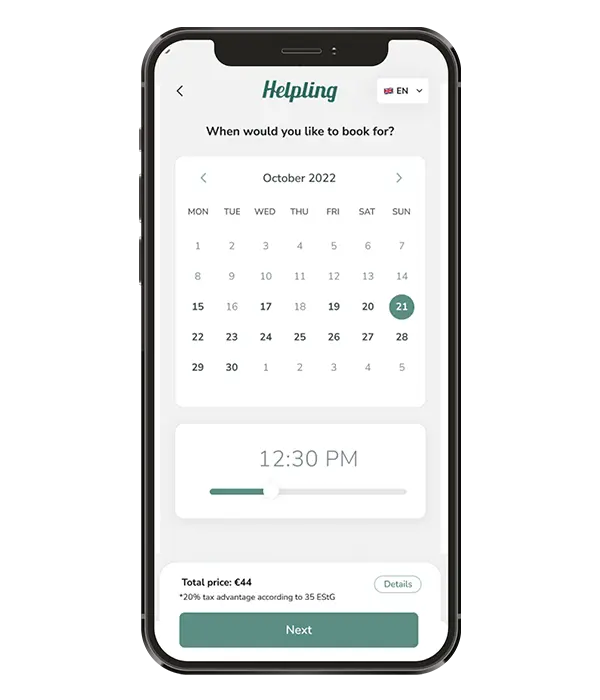 Auf Dem Bildschirm Eines Smartphones Wird Die Buchungsseite Der HelplingApp Angezeigt, Die Einen Kalender Für Oktober 2022 Mit Dem 21. Oktober Und Einer Uhrzeit Von 12:30 Uhr Anzeigt. Der Gesamtpreis Beträgt 44 €. Am Unteren Rand Erscheint Eine Schaltfläche &Quot;Weiter&Quot;.