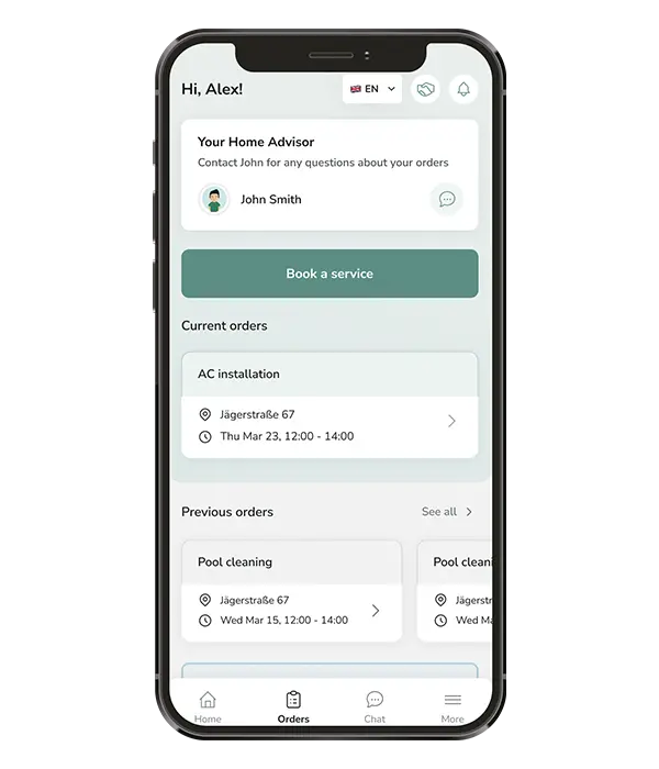 Ein SmartphoneBildschirm Zeigt Eine HeimserviceApp Mit Einer Begrüßung, Kontaktinformationen Für Einen Heimberater, Einer Buchungstaste Und Listen Mit Aktuellen Und Früheren Aufträgen, Darunter Die Installation Einer Klimaanlage Und Die Poolreinigung, Mit Adressen Und Daten.