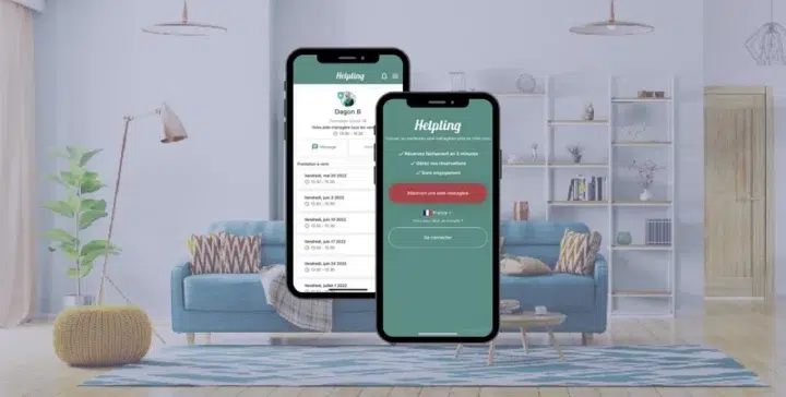 Zwei Smartphones mit Helpling-App vor einem Wohnzimmer, reinigungskraft buchen.