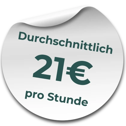 Ein Weißer Aufkleber Mit Einer Eingerollten Ecke Zeigt Den Deutschen Text Durchschnittlich 21€ Pro Stunde In Grün.