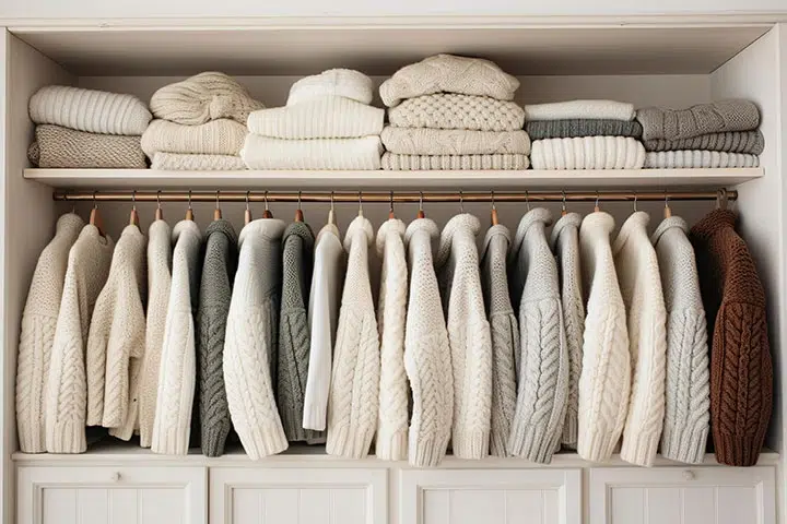 Ordentlich gestapelte Pullover und hängende Strickjacken in einem Schrank, ideal für Putzfrau.