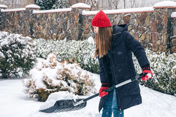 Frau Schaufelt Schnee Im Garten, Trägt Roten Hut Und Handschuhe. Reinigung Im Winter.