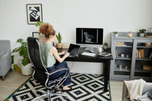 Young Woman Sitting Table With Computer Monitor Working New Software Office