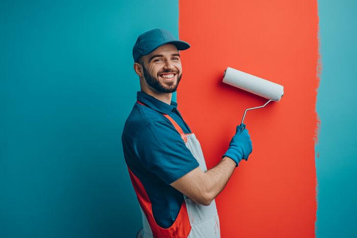 Mann streicht Wand rot mit Farbroller, trägt blaue Kleidung und Handschuhe. Reinigungskraft.