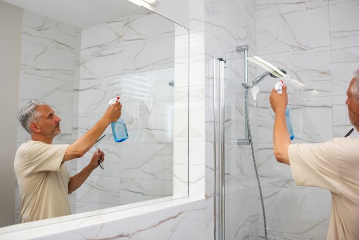 Side View Man Cleaning Shower