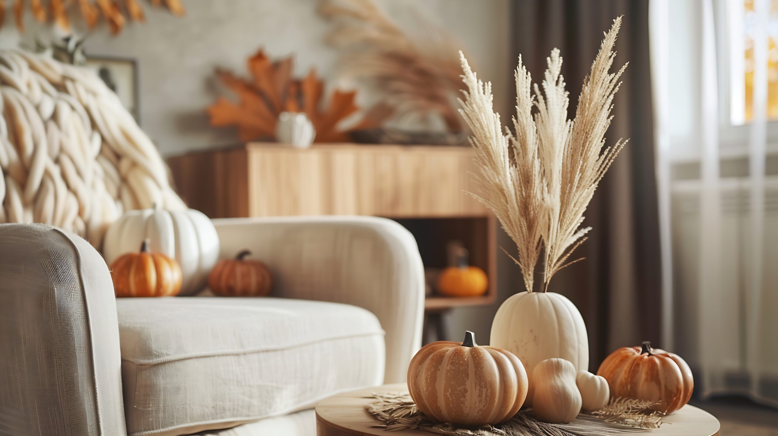 Kürbisse und Trockenblumen auf Tisch, gemütliches Wohnzimmer, Herbstdekoration, reinigung.