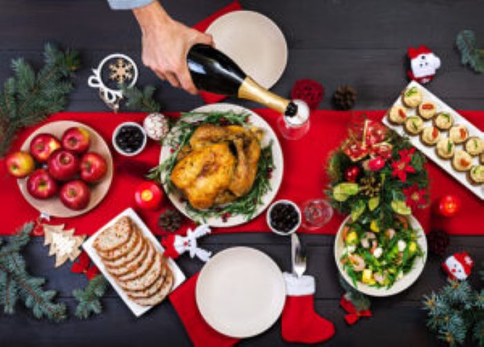 Baked Turkey Christmas Dinner Christmas Table Is Served With Turkey Decorated With Bright Tinsel Candles Fried Chicken Table Family Dinner Top View 1 300X215 1