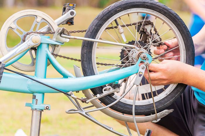 Fahrradreparatur Im Freien, Hände Justieren Das Hinterrad, Fokus Auf Kette Und Rad.