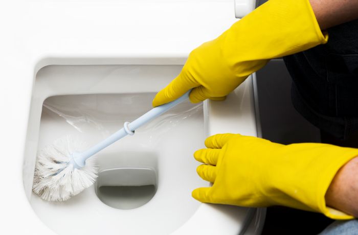 Woman With Rubber Gloves Cleaning Toilet