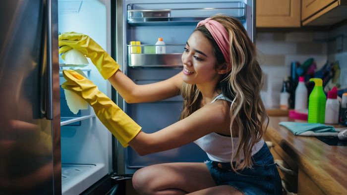 Young Woman Wearing Rubber Gloves Cleaning Fridge