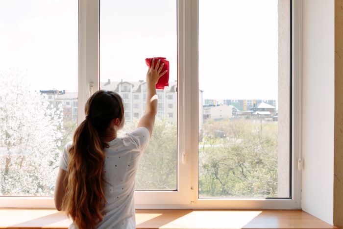 Beautiful Woman Cleaning Window Home
