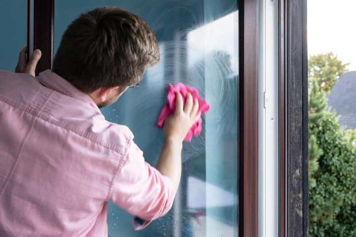 Side View Boy Looking Through Window
