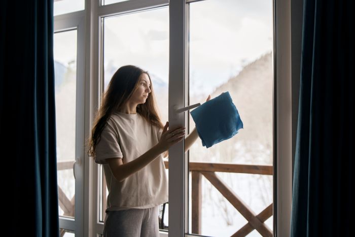 Woman Meticulously Cleans Windowpane Using Blue Cloth With Backdrop Tranquil Snowcovered Environment Visible Through Glass