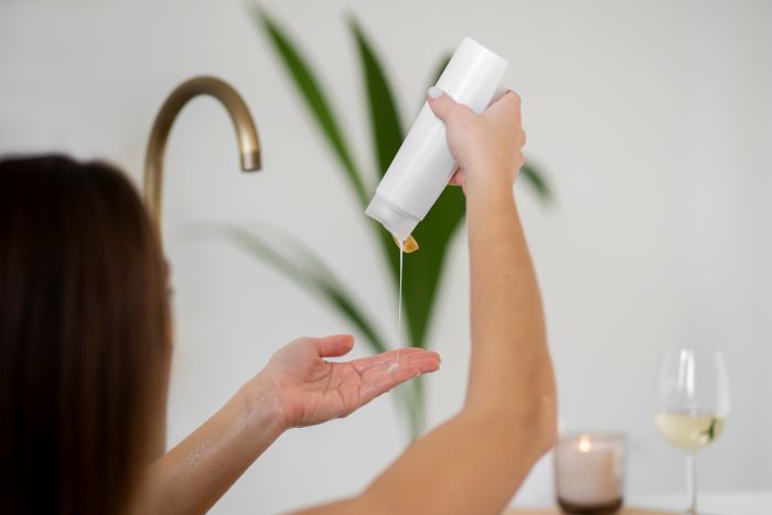 Person Füllt Flüssigseife In Die Hand Neben Kerze Und Weinglas, Reinigung Im Badezimmer.