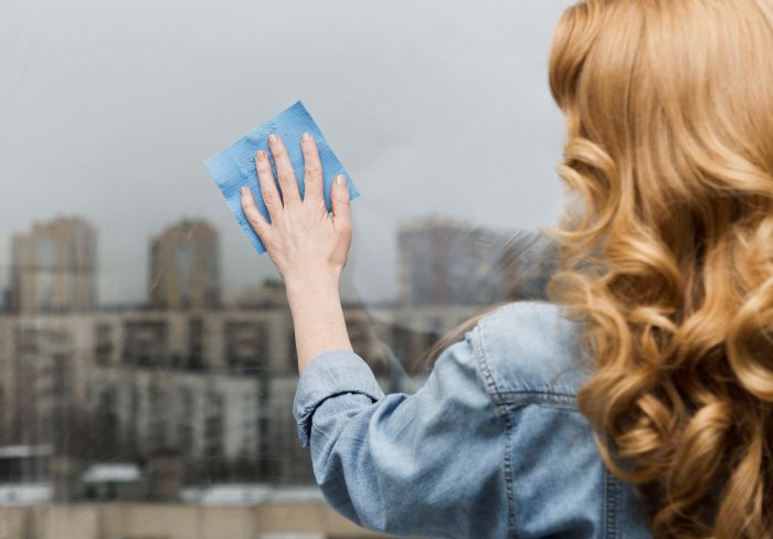 Back View Woman Wiping Window