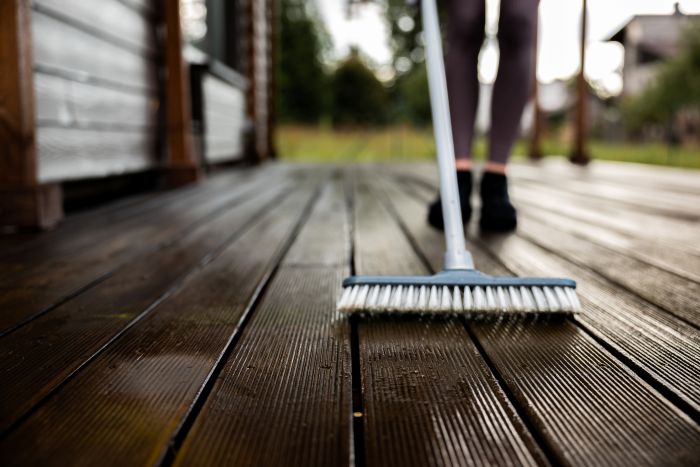 Woman Washes Wooden Terrace Before Painting It Her Modern Private House