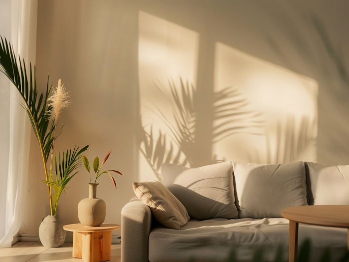 Cozy Gray Sofa Paired With Coffee Table Vase Houseplants Against Beige Wall
