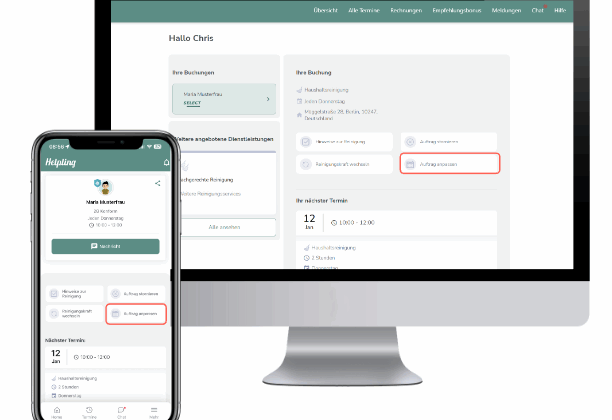 Smartphone Und Monitor Zeigen ReinigungsApp Mit Buchungsdetails Und Optionen Für Putzfrau.