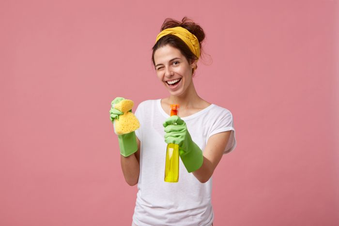 Housewife White T Shirt Green Gloves Holding Sponge Cleaner Hands Blinking With Her Eyes Having Glad Expression While Washing Young Pretty Female Doing Domestic Work