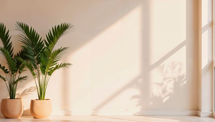 Zwei Topfpflanzen im Sonnenlicht an einer beigen Wand, ideal für reinigungskraft.