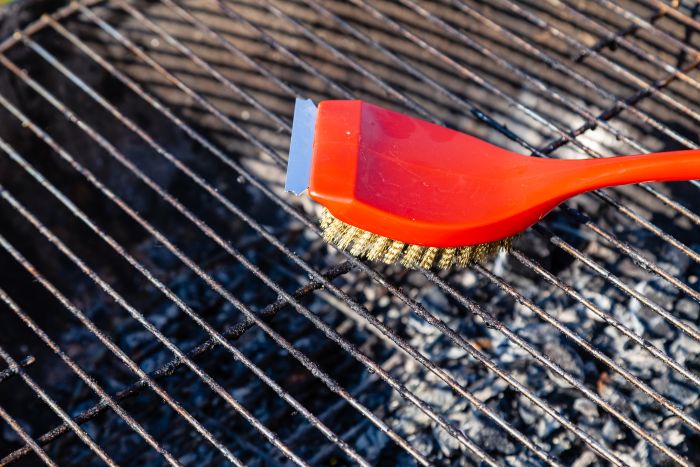 Red Brush With Golden Bristles Scraper Cleaning Grill