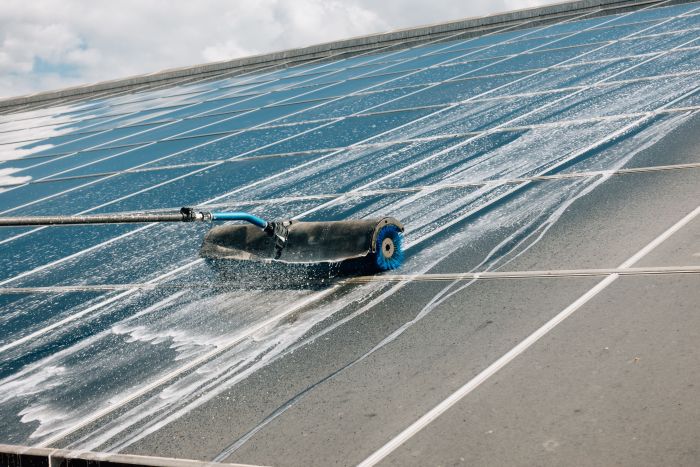 Closeup Shot Solar System Panel Cleaning Process
