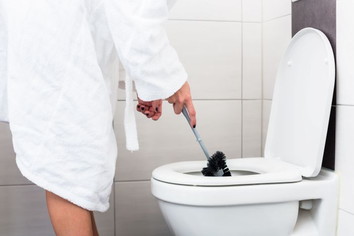 Woman Cleaning Toilet Using Loo Brush