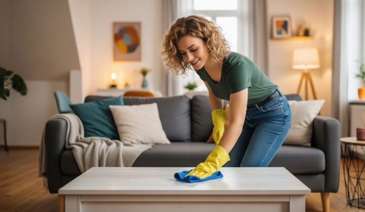 Eine Frau Mit Gelben Reinigungshandschuhen Wischt Einen Couchtisch In Einem Gem&uuml;tlich Eingerichteten Wohnzimmer Mit Sofa, Pflanzen Und Warmem Licht.
