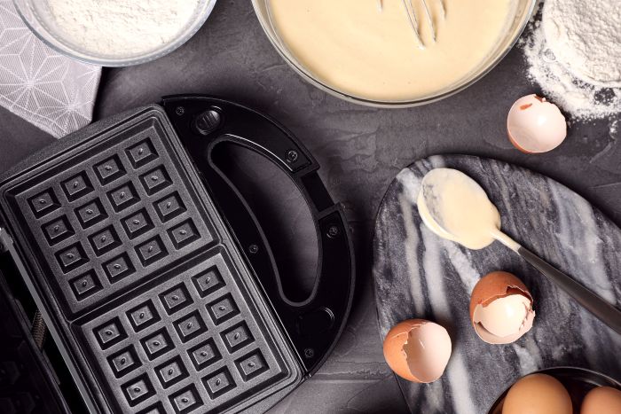Flat Lay Composition With Ingredients Cooking Belgian Waffles Grey Table