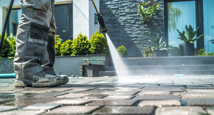 Man Washes Paving Stones His Yard With Pressure Washer Closeup