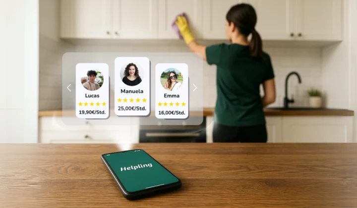 Eine Person Reinigt Küchenschränke, Während Auf Einem Smartphone Auf Der Arbeitsplatte Die HelplingApp Angezeigt Wird. Auf Dem Bildschirm Erscheinen Profile Von Reinigungskräften Mit Bewertungen Und Stundensätzen: Lucas (19,90 €/Std.), Manuela (25,00 €/Std.) Und Emma (16,00 €/Std.).