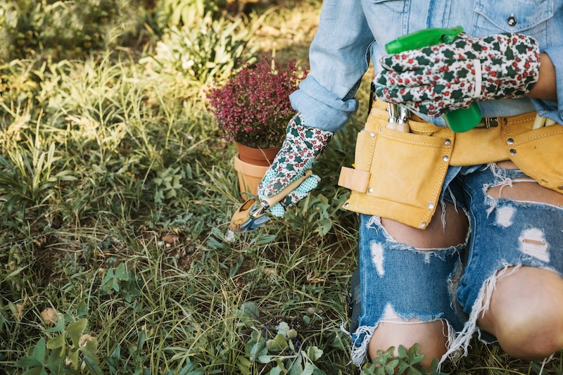 Eine Person Kniet Mit Blumenhandschuhen Und Jeansshorts Auf Gras Und Hält Eine Gartenschere Und Eine Sprühflasche In Der Hand. Ein Blumentopf Und Ein Werkzeuggürtel Sind Sichtbar.