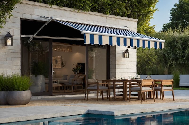 Terrasse Mit Esszimmergarnitur Aus Holz Unter Einer BlauWeiß Gestreiften Markise, In Der Nähe Eines Pools. Die Szene Wirkt Heiter Und Einladend, Mit Grün Im Hintergrund.