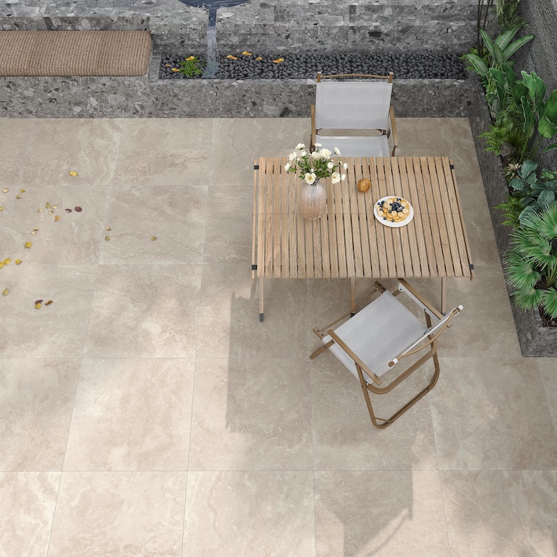 Serene Outdoor Patio With Wooden Table Folding Chairs