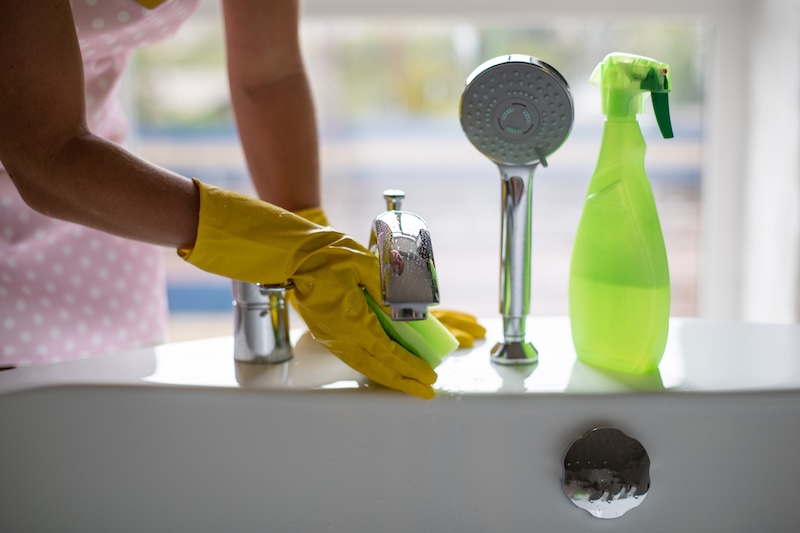 Cleanliness Hygiene Home Hand Green Yellow Rubber Gloves Rubbing Bathroom Taps