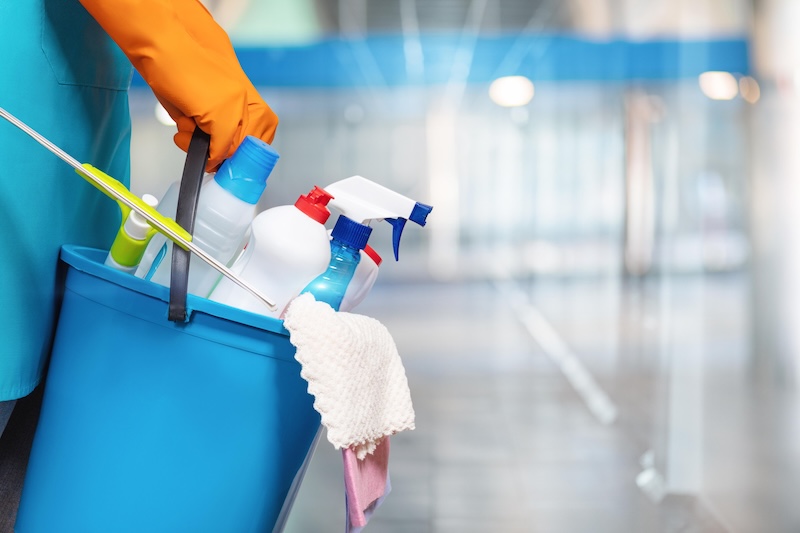 Concept Cleaning Services Cleaning Lady Is Holding Bucket Cleaning Products