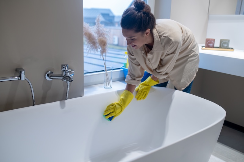 Woman Doing Cleaning Home Disinfecting Bathroom 1