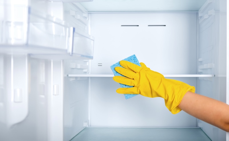 Woman S Hand Yellow Rubber Protective Glove Blue Sponge Washes Cleans Refrigerator Shelves