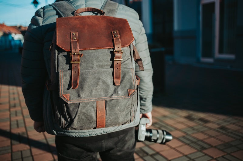 Shallow Focus Shot Male Wearing Grey Brown Rucksack