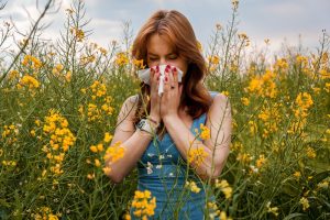 Woman with tissue sneezing in field of yellow flowers. She wears a blue top, conveying discomfort, possibly due to allergies. Overcast sky in background.