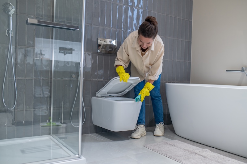 House Work Young Housewife Looking Busy While Cleaning Bathroom