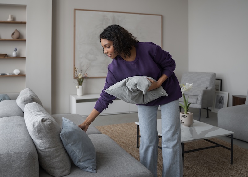 Interior Designer Arranging Pillows Home